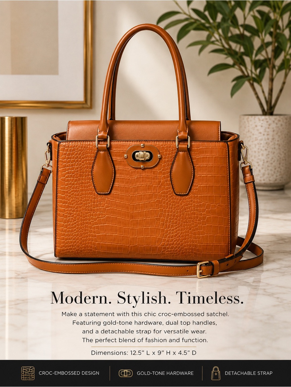 Cognac Croc-Embossed Satchel